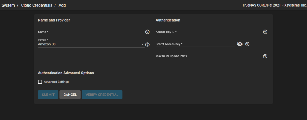 Creation of a cloud provider access in TrueNAS