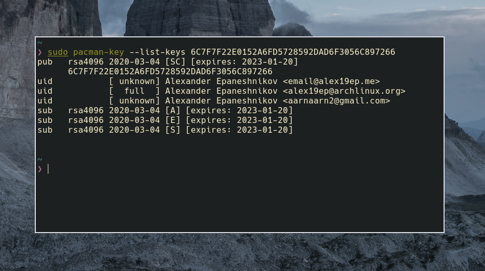 pacman-key shows an imported key