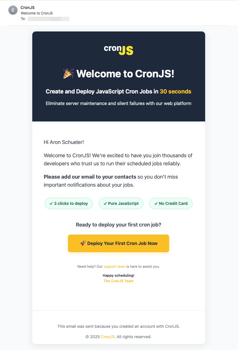 A screenshot of the welcome email I send to new users of CronJS via Firebase Cloud Functions and the Firestore Send Email extension