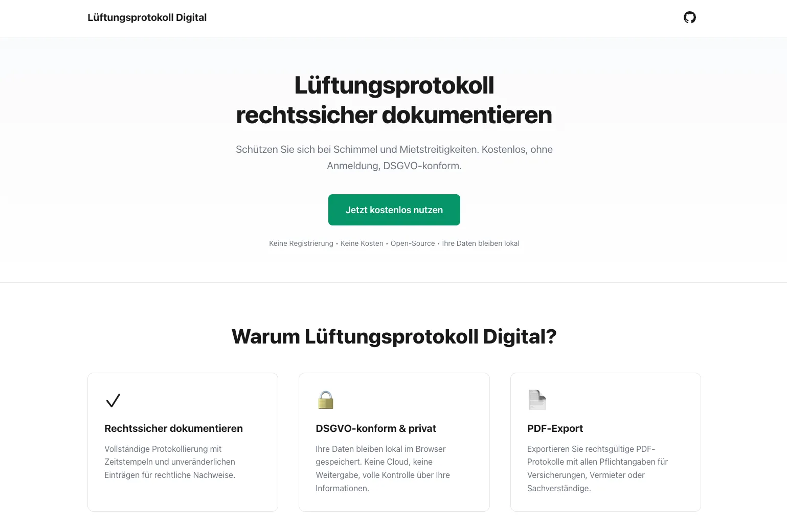 Lüftungsprotokoll Digital Landing Page