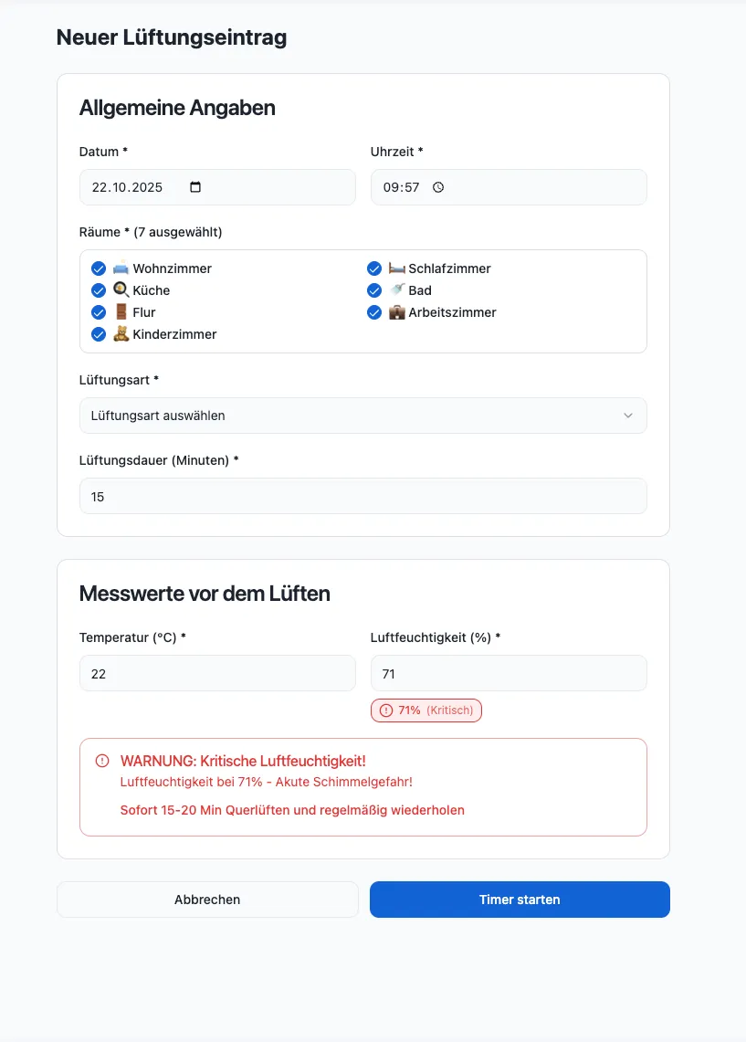 Lüftungsprotokoll Digital New Entry Form