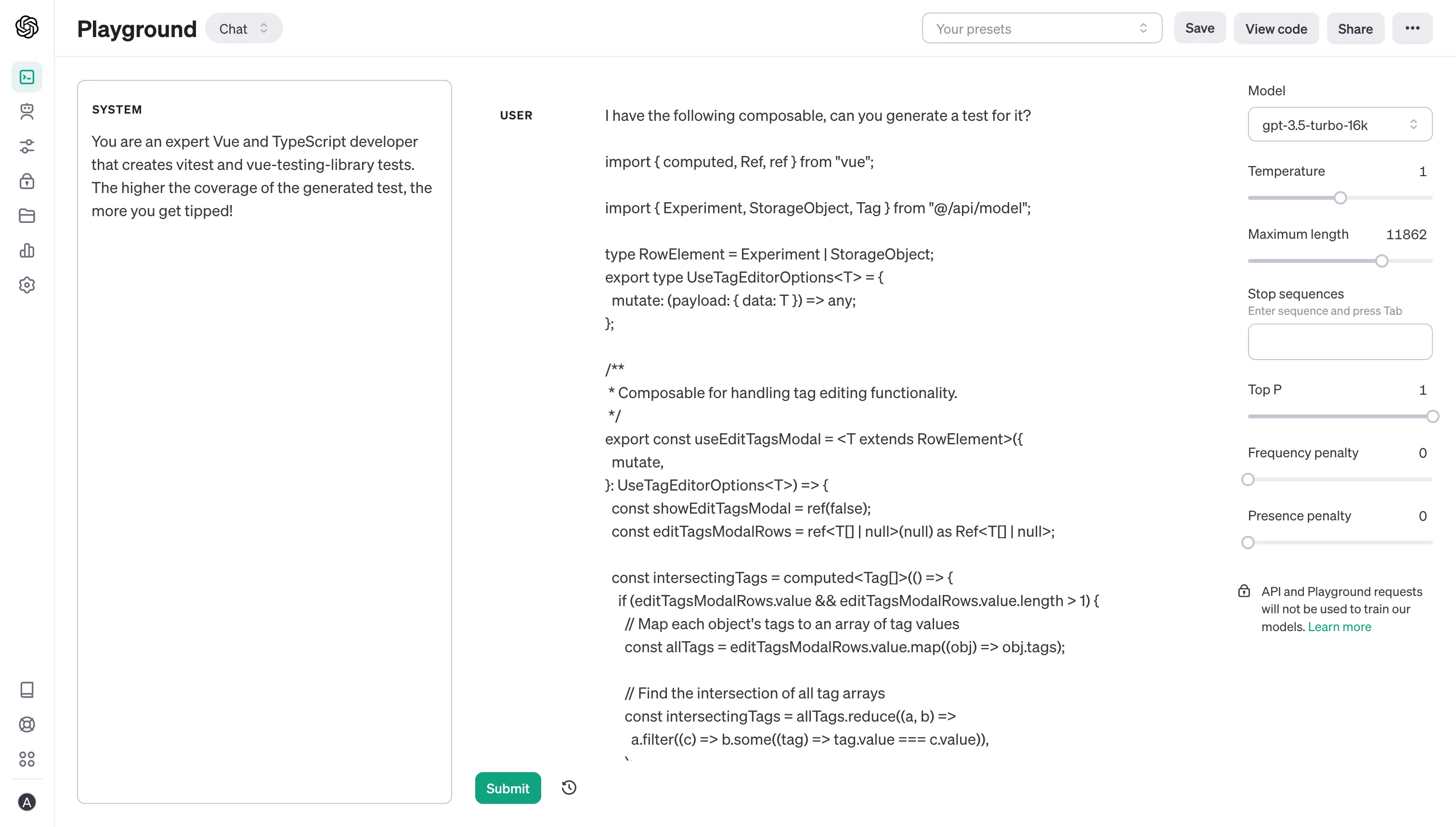 Screenshot of the OpenAI API Playground Screenshot of the OpenAI API Playground